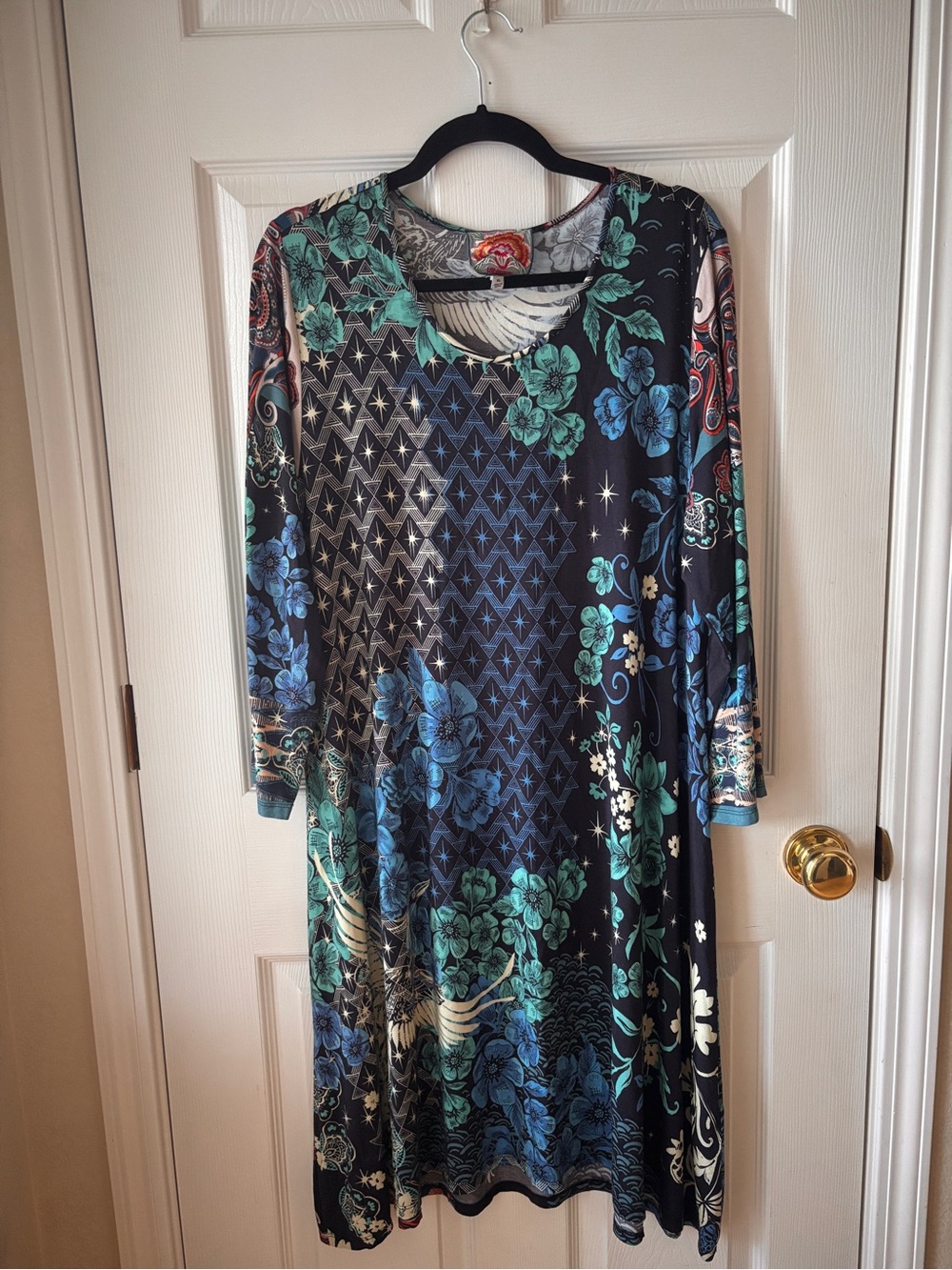 Johnny Was Lunamo Crane Swing Dress XL Floral Boho Long Sleeve Multicolor